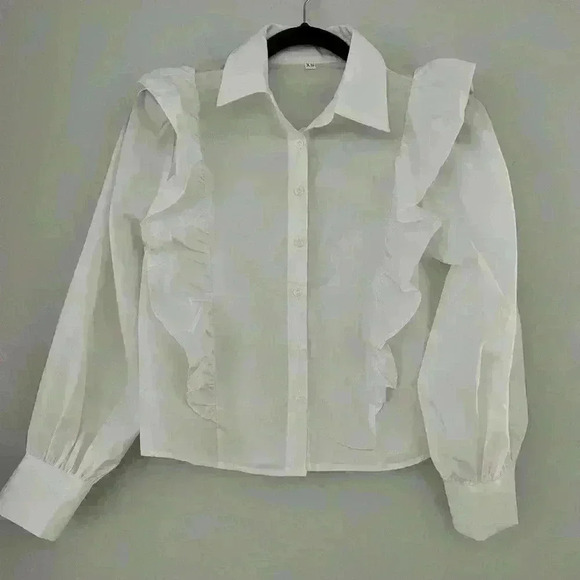 SHEIN Solid Ruffle Trim Button Up Shirt Workwear - Picture 7 of 10